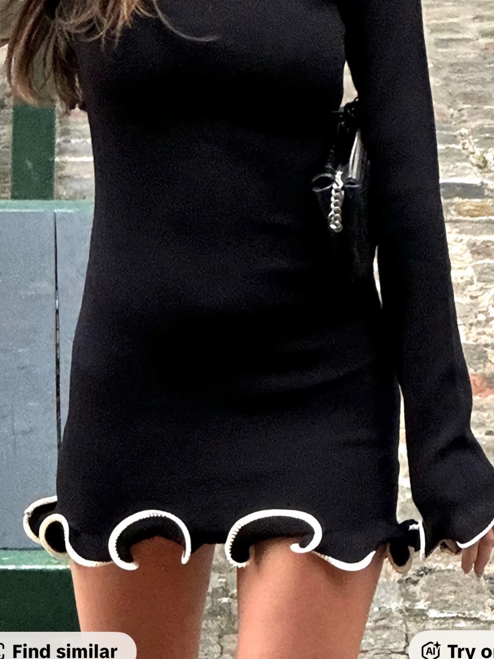 Elegant Black Ruffle-Hem Long Sleeve Dress - Picture 2 of 2